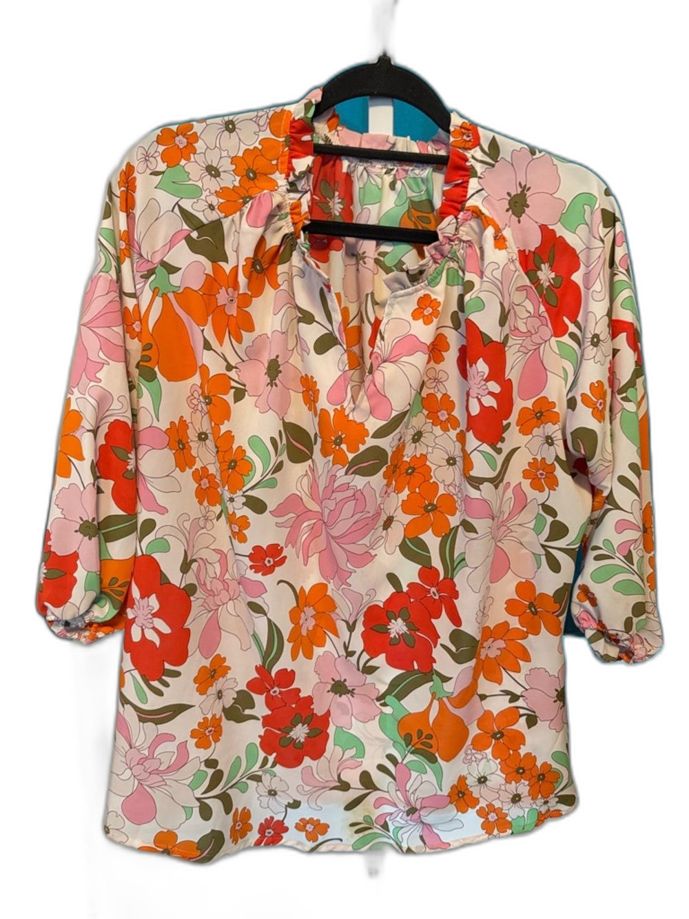 Retro Floral Puff-Sleeve Blouse in Pink, Orange & Green